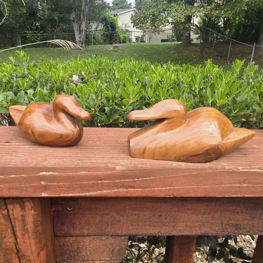 Vintage Carved Wood Duck Decoys Pair Mid Century Folk Art Rustic Lodge Decor